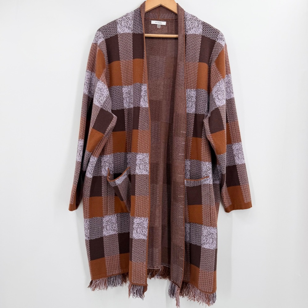 Sioni Plaid Open Front Cardigan Sweater Fringe Hem Brown Orange Lilac Plus 1X